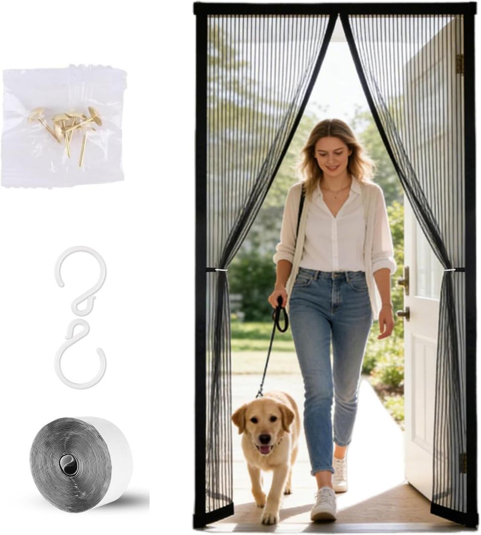 Magnetic Mesh Screen Door, Screen Door Mesh, Easy Install, Heavy-Duty Reinforced Mesh, Keep Bugs Out, Breeze in, Smooth Auto-Close, Pets & Kids Friendly, Hands-Free (Black 40inch*82inch)