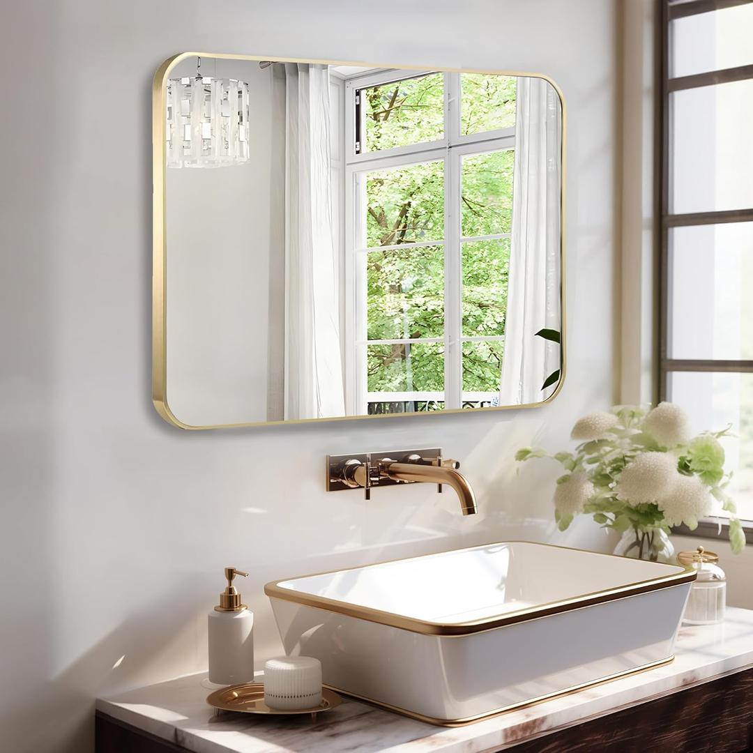 French Gold Mirror for Wall Decor, 43x32 Inch Brushed Brass Metal Framed Rectangle Wall Mirror for Bathroom Vanity, Living Room, Bedroom, Farmhouse, Hangs Vertically or Horizontally (40"L x 30"W, Brushed French Gold)