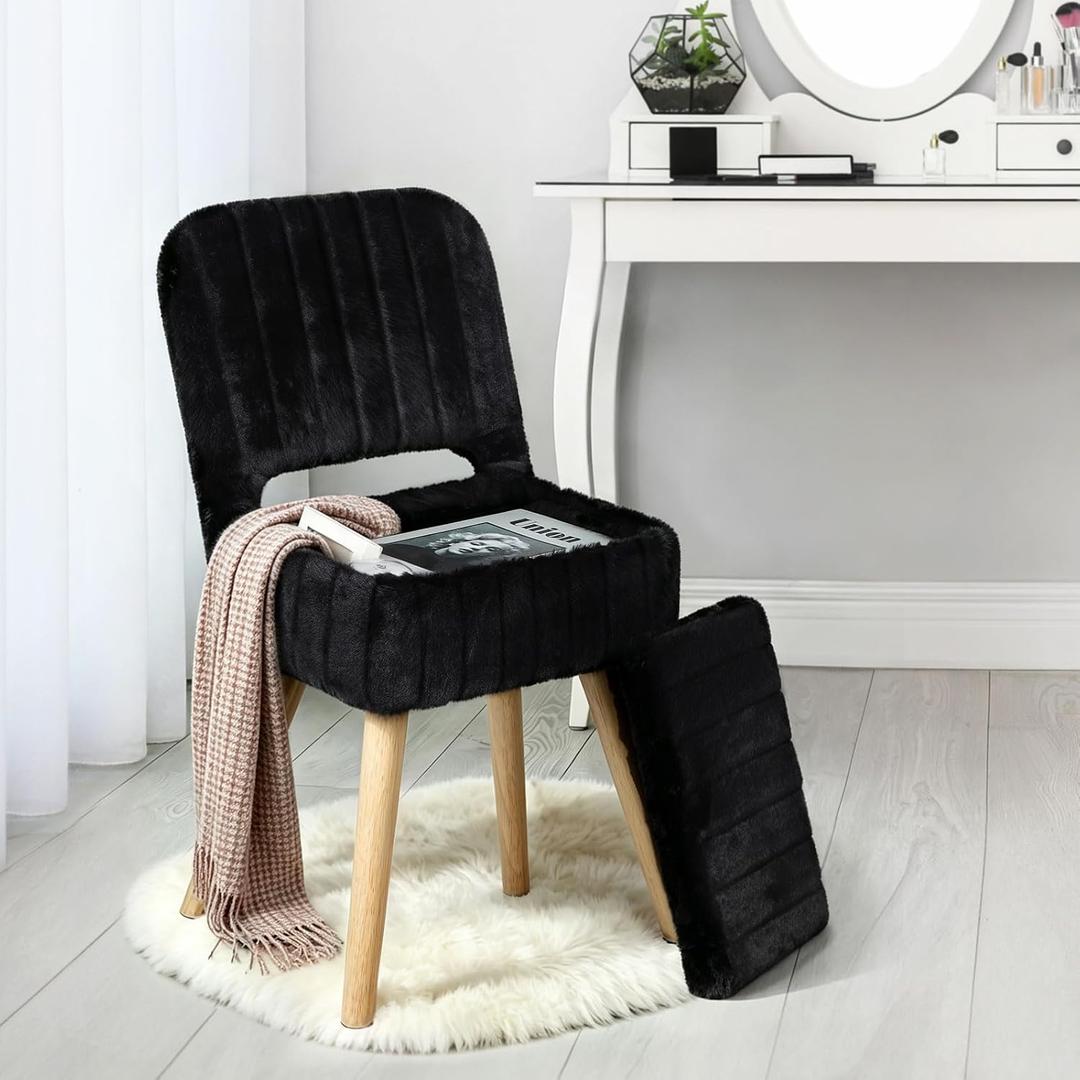 Vanity Stool Chair with Storage & Folding Back, Faux Rabbit Fur Soft Padded Seat Ottoman, 4 Solid Wood Legs Anti-Slip Feet, Small Stool for Vanity Desk for Makeuproom, Bedroom 15.7x12.5x28.7Black