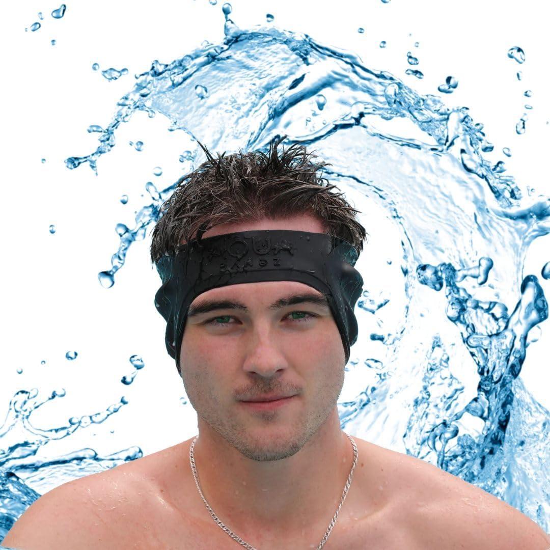 AquaBandz Swimming Headband Ear Protection for Swimmers, Prevents Water in Ears, Comfortable & Quick-Drying (Black, Medium-Adult Size)