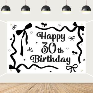 Black Bow 30th Birthday Party Decoration Happy 30th Birthday Backdrop Black Bow She's Tying up Her Twenties Banner Vintage Coquette Bow Photography Background for Woman Rip 20s Birthday Supplies 53ft
