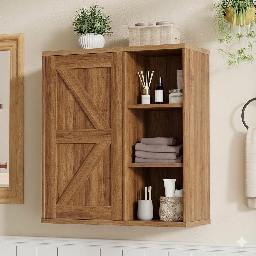 Bathroom Wall Cabinet, Farmhouse Medicine Cabinet with Barn Doors and Adjustable Shelves, 24'' Kitchen Wall Mounted Cabinet, Floating Over Toilet for Kitchen, Living Room
