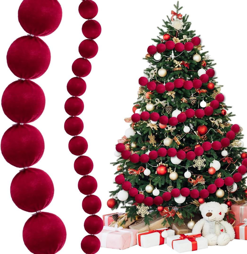 Tigeen 6.6 ft Christmas Satin Ball Garland Burgundy Christmas Decor Red Burgundy Garland Ornaments Decoration for Xmas Tree Indoor Outdoor Home Office Decor Party Supplies