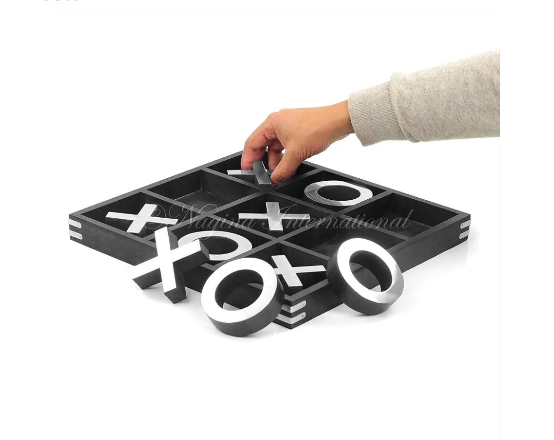 14" Large Elegant Premium Black Tic Tac Toe Board Game | Wooden Puzzle Game | Coffee Table Wooden Decor & Games with Nickel Sheathed Pieces