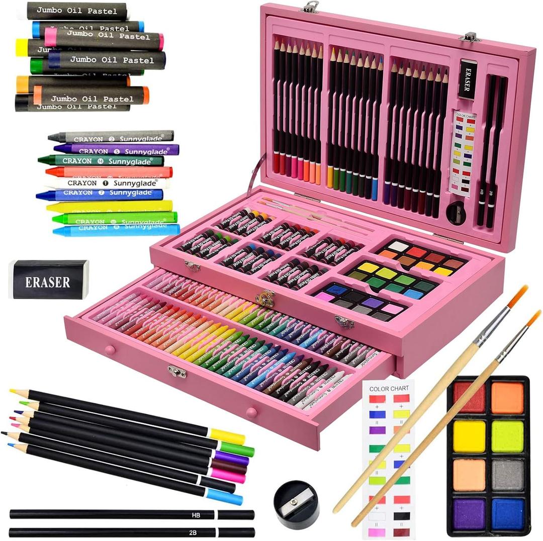Sunnyglade 145 Piece Deluxe Art Set, Wooden Art Box & Drawing Kit with Crayons, Oil Pastels, Colored Pencils, Watercolor Cakes, Sketch Pencils, Paint Brush, Sharpener, Eraser, Color Chart (Pink)