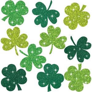 Seajan 200 Pcs St. Patrick's Day Cutouts Decoration Shamrock Glitter Paper Cutouts with 400 Pcs Glue Points 4 Color Lucky Bulletin Board Decoration for Classroom Home Door Wall St. Patrick's Day Party