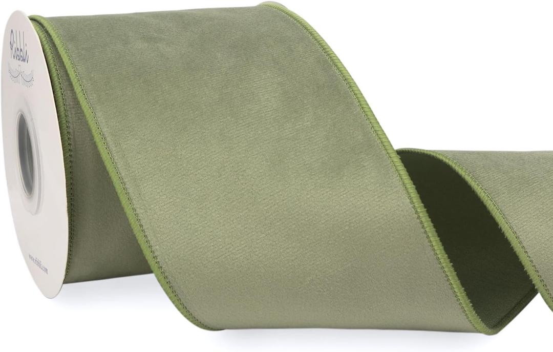 Ribbli Sage Green Velvet Wired Ribbon with Dupioni 4 Inch Christmas Ribbon for Gift Wrapping Christmas Tree Decoration Crafts Wreaths Supplies-Continuous 10 Yards
