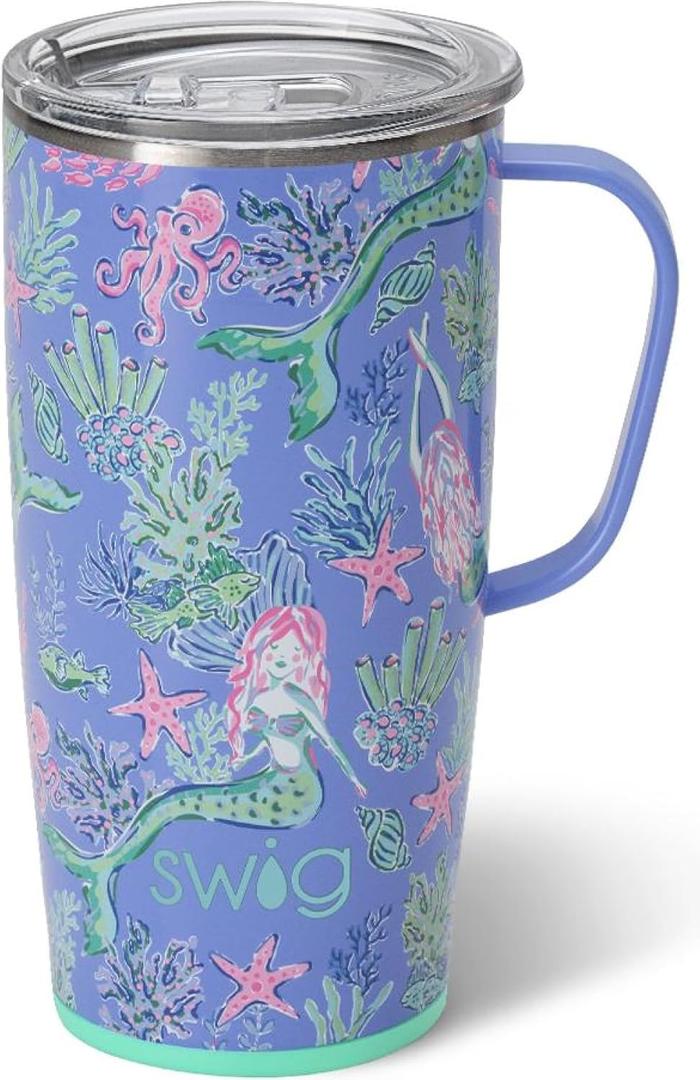 Swig Life 22oz Travel Mug, Insulated Tumbler with Handle and Lid, Cup Holder Friendly, Dishwasher Safe, Stainless Steel, Travel Coffee Cup, Insulated Mug with Lid (Under the Sea)