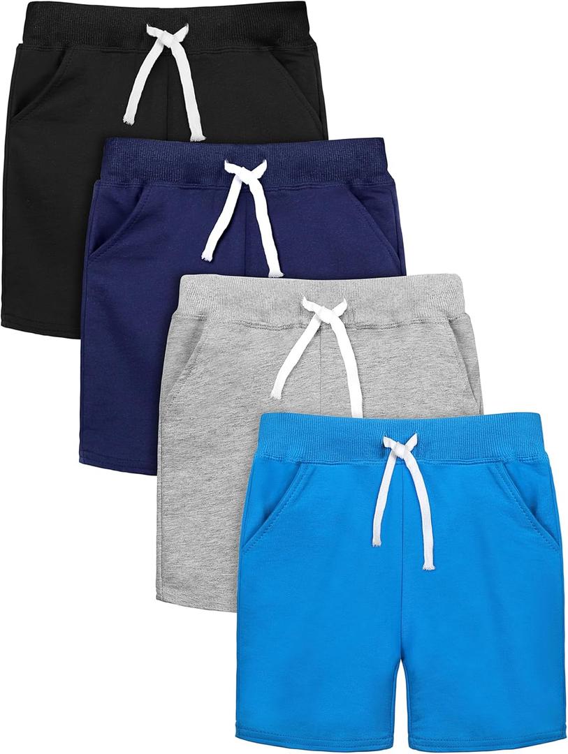 Resinta 4 Pack Toddler Boy Shorts Baby Boy Cotton Shorts Soft Casual Elastic Waist with Drawstring Boys Clothes for Summer (Black, Navy, Light Gray, Royal Blue)