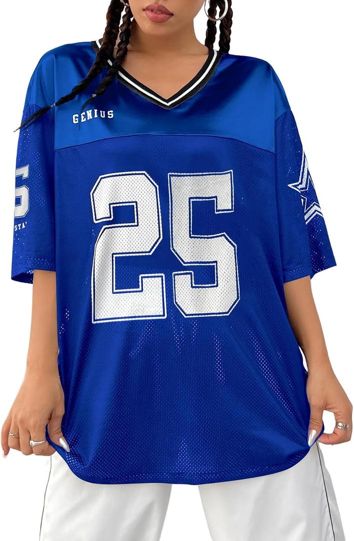 QJQ Jersey Shirts for Women V Neck Number Half Sleeve Graphic T-Shirts Football Soccer Tee Y2K Oversized Streetwear Top (L)