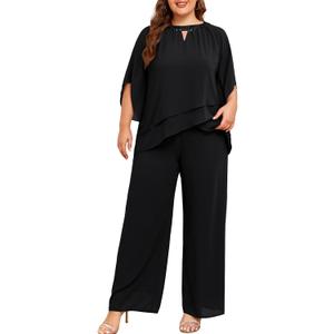 Hanna Nikole Mother of Bride Pant Suits Plus Size Half Sleeve 2 Piece Chiffon Pantsuit Formal Wedding Guest Outfit (20 Plus, Z01-black)