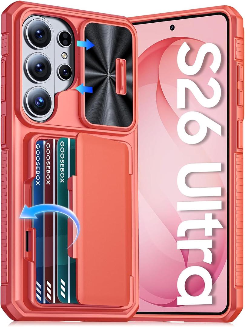 GooseBox for Samsung Galaxy S26 Ultra Case Wallet with RFID [Cards Holder][Camera Cover][Edge Raised] Full Body Shockproof Silicone Protective Phone Case for Galaxy S26 Ultra 2026 (Coral Red)