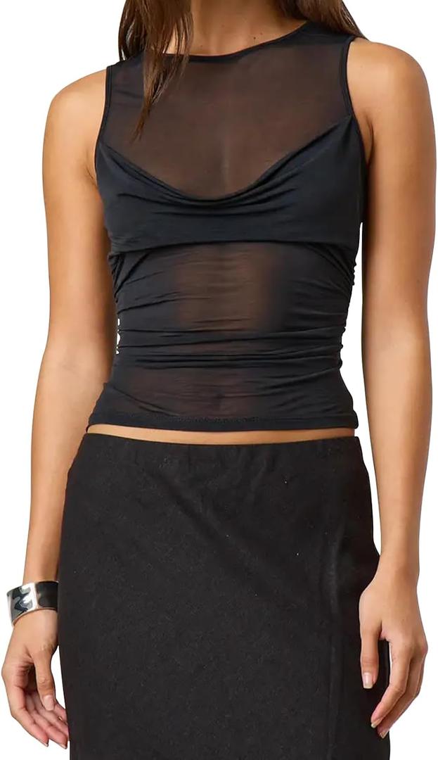 Aopwsrlyi Women Summer Sheer Mesh Tank Top Sleeveless Cowl Neck See Through Ruched Tank Tops (Small, Black)