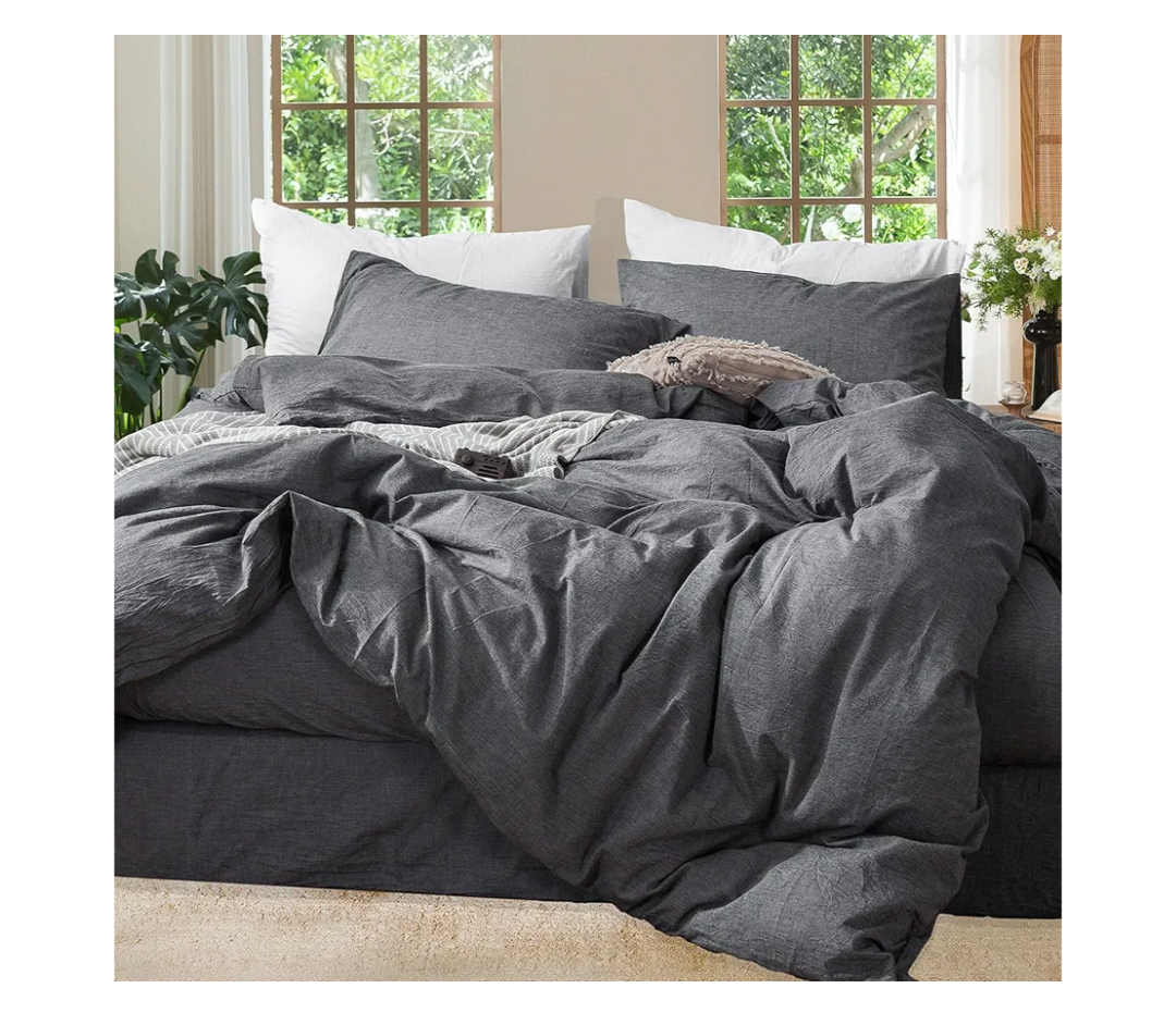 MooMee Bedding Duvet Cover Set 100% Washed Cotton Linen Like Textured Breathable Durable Soft Comfy (Heathered Dark Grey, Queen 90"x90").