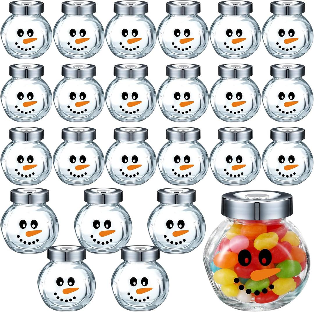 Vesici 24 Pcs 3.5oz Christmas Candy Jars Snowman Face Glass Jars with Lids, Decorative Canisters Cookie Chocolate Storage for Christmas Party Favors, DIY Gifts, Holiday Kitchen Countertop Decoration
