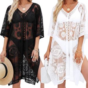 Patelai Pcs Lace Beach Cover up for Women Bathing Swimsuit Cover up V-Neck Summer Bikini Coverup for Poolside Seaside Party (Black, White) One Size