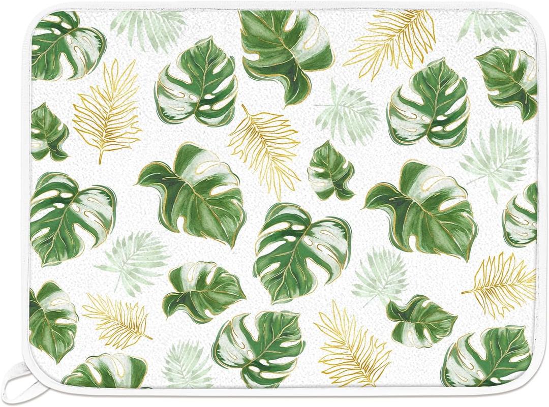 Spring Summer Palm Leaves Dish Drying Mat for Kitchen Counter, Gold Monstera Tropical Microfiber Absorbent Dish Drainer Mat, Hawaii Seasonal Reversible Drying Pad Home Decor 18 x 24 Inch
