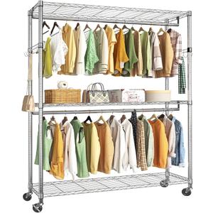 Simple Trending Heavy Duty Rolling Garment Rack 3 Tiers Adjustable Wire Shelving Clothes Rack with Double Rods and Side Hooks, Freestanding Wardrobe Storage Rack Metal Clothing Rack, Chrome