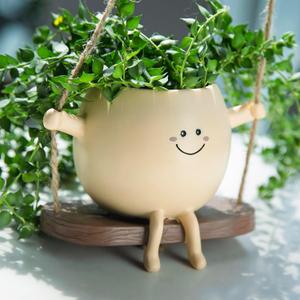 Small Hanging Planter for Indoor Outdoor Plants, Glossy Swing Smiley Face Planter Pot Head, Cute Hanging Flower for String of Pearls Plant Live, Unique Happy Resin Succulent Pot
