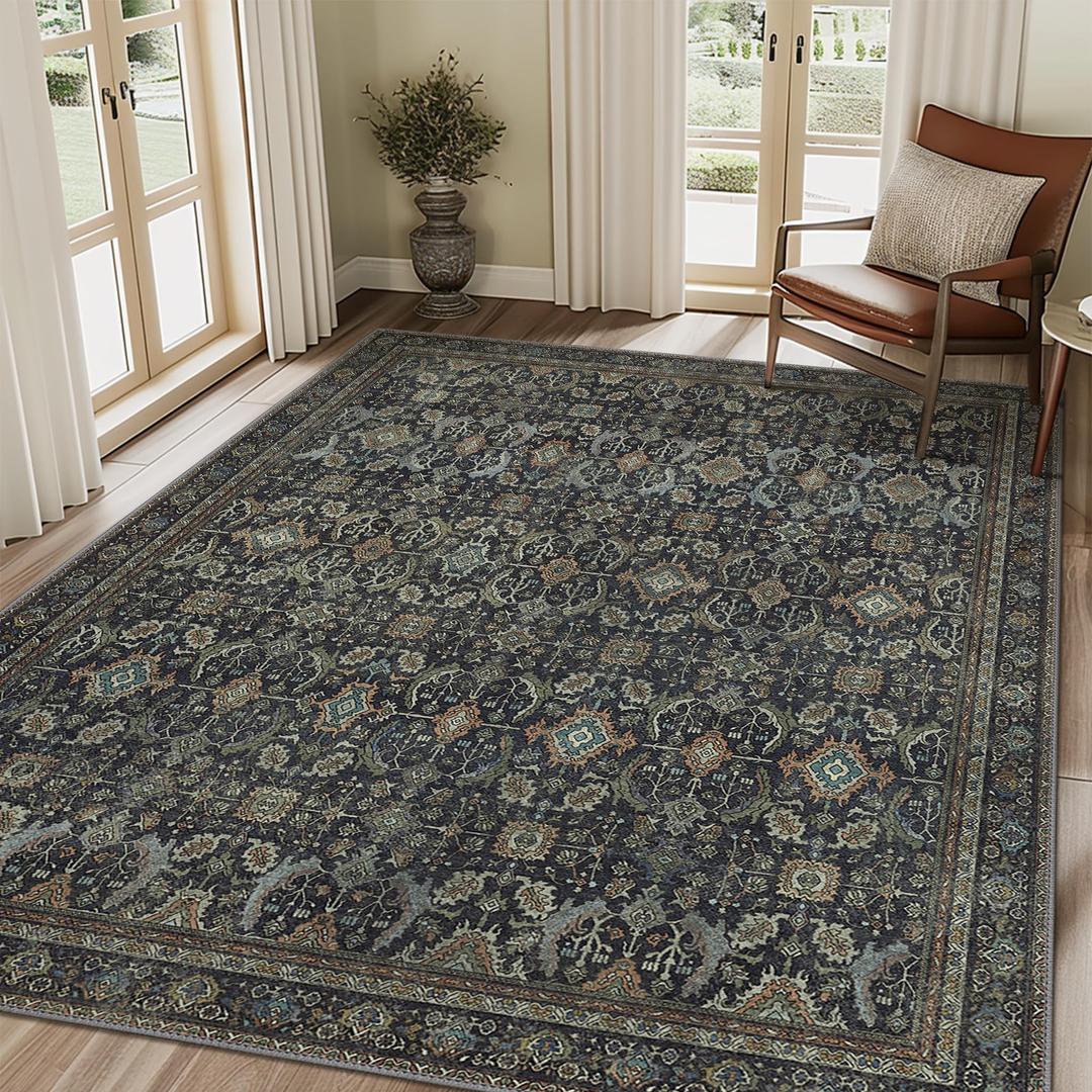 9X12 Washable Area Rug for Living Room, Vintage Boho Non-Slip, Black