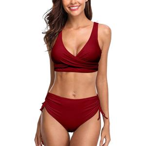 Zuvebamyo Women's High Waisted Bikini Sets Two Piece Tummy Control Swimsuit Color Block Bathing Suits Red L