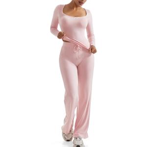OMKAGI Womens Lounge Set Lace Square Neck Long Sleeve Tops Wide Leg Pants 2 Piece Outfits (Pink, XL)