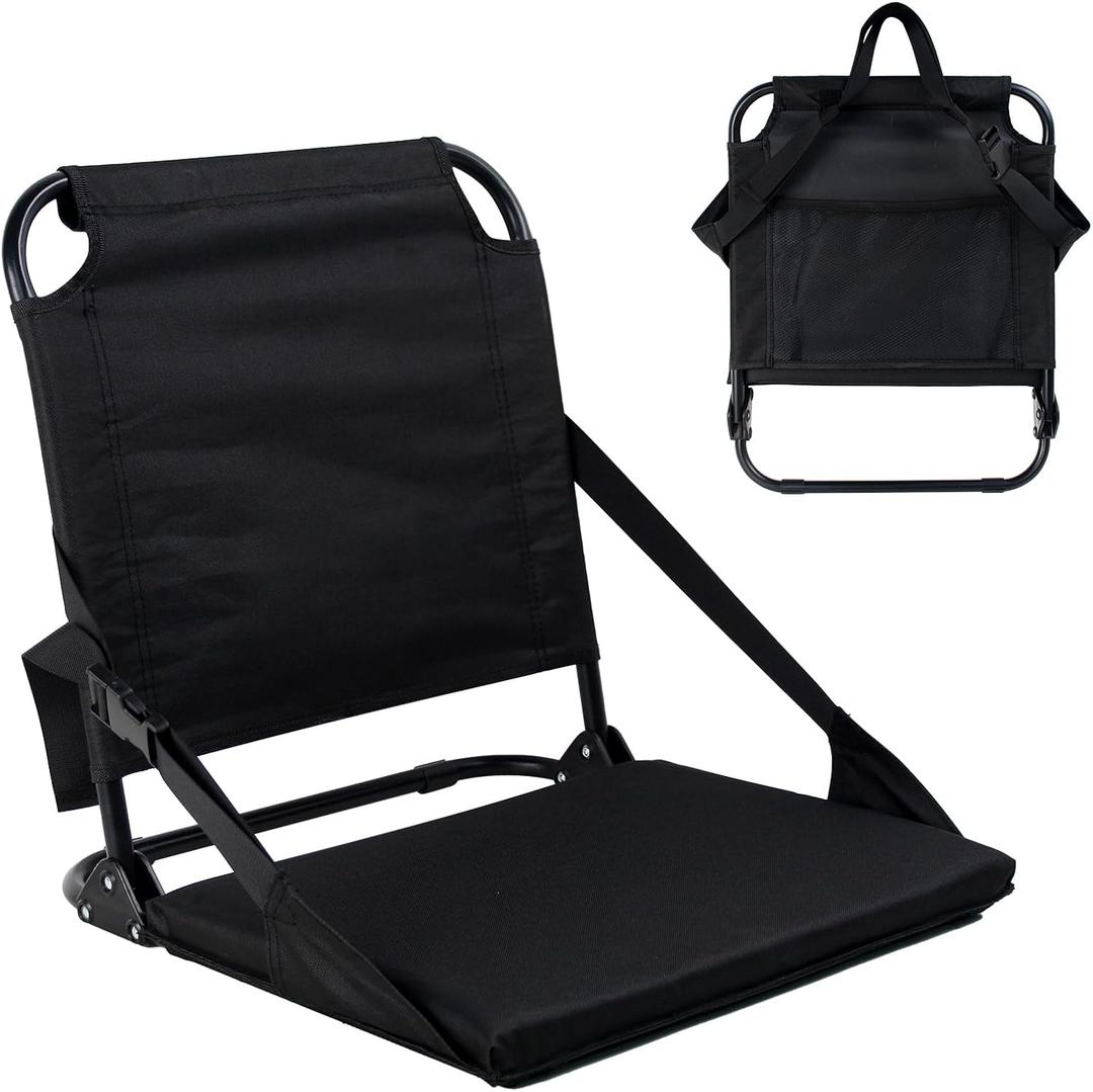 Stadium Seat with Back Support, Bleacher Chair with Storage Pockets and Cushion, Portable Stadium Seat for Sports Events, Camping, Outdoor Activities and Fishing, 17.7x16.5x18.1 inches