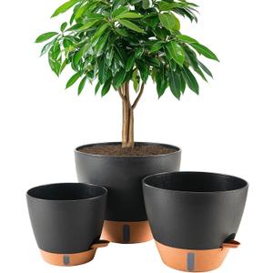 Fielda 8/10/12 Inch Self Watering Pots for Indoor/Outdoor Plants - Large Plastic Planter with Drainage Holes, Water Level Indicator & Deep Reservoir, Modern Decorative Flower Pots (Black)