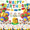 Building Block Birthday Party Decorations Supplies Kit - Balloons Tablecloth Banners Cake Toppers Foil Balloons Tattoo Stickers - Birthday Decorations for Kids Boys Girls Building-Themed Celebration