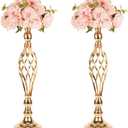 LANLONG 2pcs Metal Gold Candle Holders Road Lead Table Centerpiece Stand Pillar Candlestick for Wedding Candelabra Flowers Vases (2M)