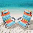 5-Position Aluminum Lay Flat Backpack Beach Chair 2 Pack, Compact Portable Low Beach Chairs for Adults with Cooler Pouch, Storage Pouch, Towel Bar, Cup Holder & Phone Holder, Multicolor Stripe