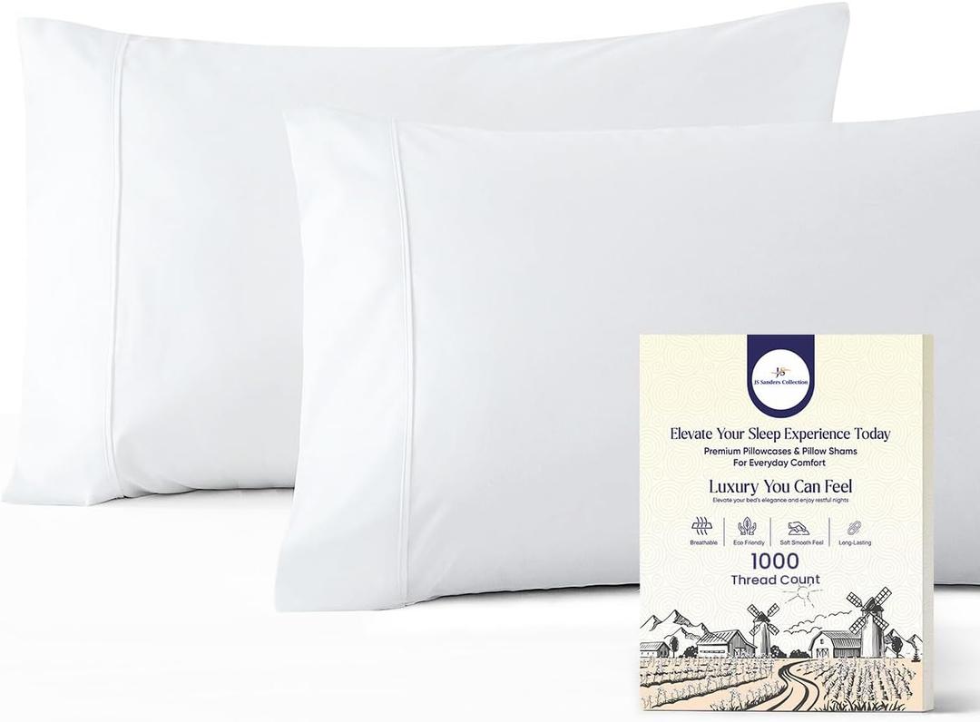 1000 Thread Count Egyptian Cotton Pillowcases King/Cal-King Size  Set of 2, White, Luxury Sateen Weave Pillow Covers, Soft Breathable Hotel Quality King Pillow Cases for Bed & Sleeping