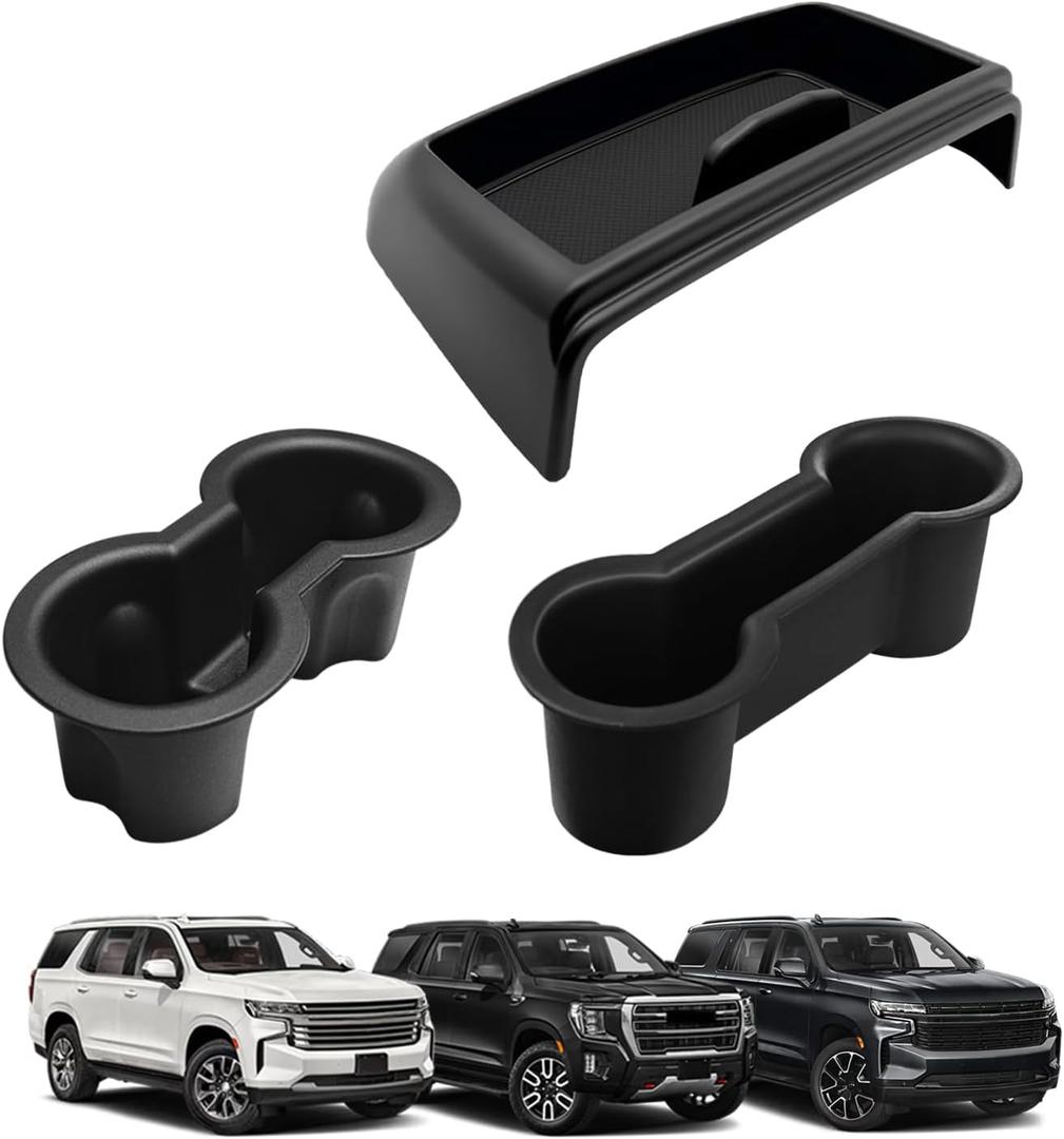 Muslogy Dashboard Storage Box & Cup Holder Inserts Compatible with 2021-2024 GMC Yukon Chevy Tahoe Suburban Accessories Front & Rear Drink Holder 2PCS & Center Console Organizer Behind Screen (Black)