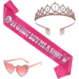 21st Birthday Sash for Women - 3Pcs 21 & Hot Buy Me a Shot Satin Sashes with Silver Foil, Tiara and Glasses Set, Girls 21st Birthday Night Party Accessories Twenty One Bday Favors