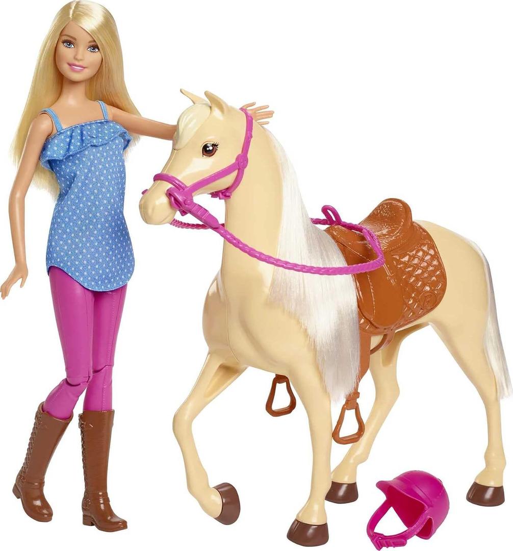 Barbie Doll, Blonde, Wearing Riding Outfit with Helmet, and Light Brown Horse with Soft White Mane and Tail, Gift for 3 to 7 Year Olds