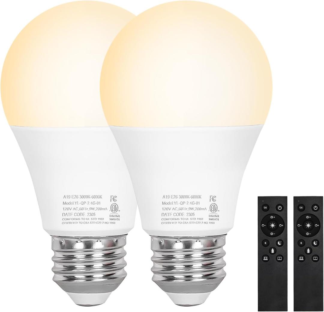 2 Packs Remote Control Bulb Set, A19 LED Light Bulbs Dimmable Stepless 2700K-6000K, 805 LM, E26 Base, 25000+ Hours Lifespan, LED Bulb for Pendant Light, Table Light, Floor Lamp