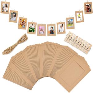 Juvale 50 Pack Cardboard Picture Frames, 4x6 DIY Photo Hanging Kit with Wooden Clips and Paper String for Home Wall Decor - Picture Hanging Kit (Brown)