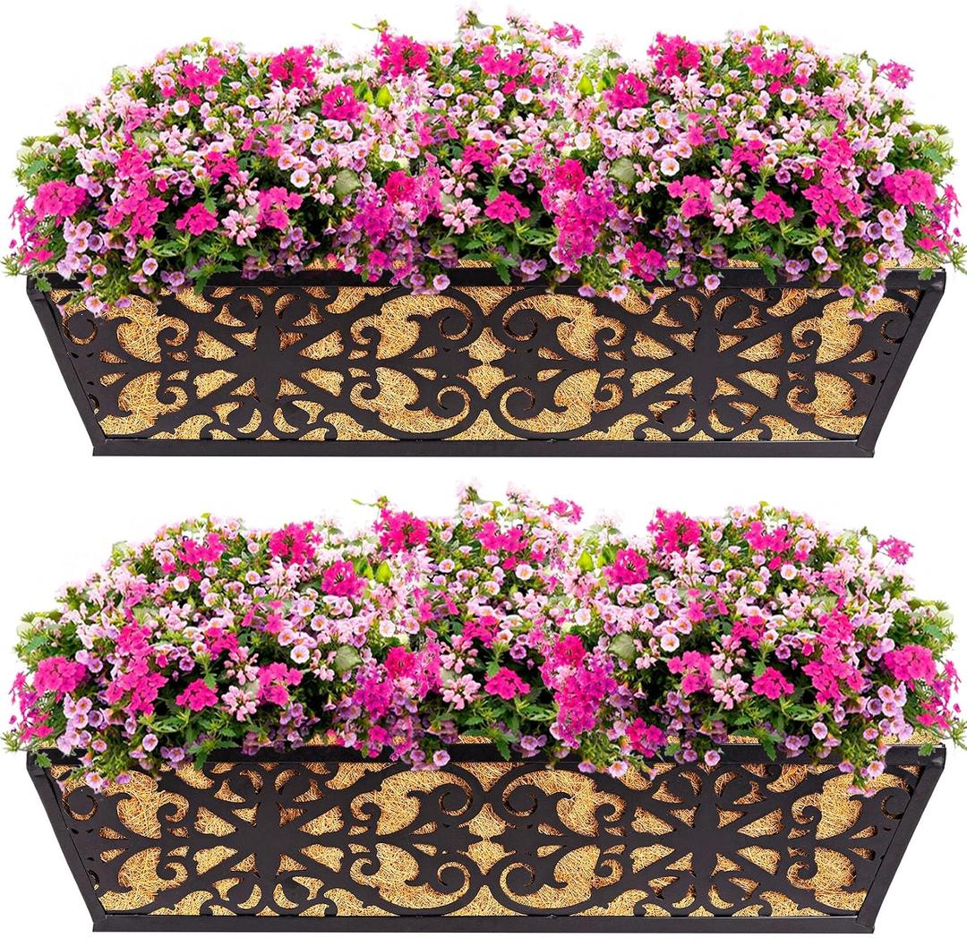 2 Pack 24 Inch Window Boxes Planters Railing Planter Box with Adjustable Brackets & Coco Liners Fabric Plant Grow Bags Deck Railing Planter Boxes Balcony Hanging Flower Box for Outdoor Plants