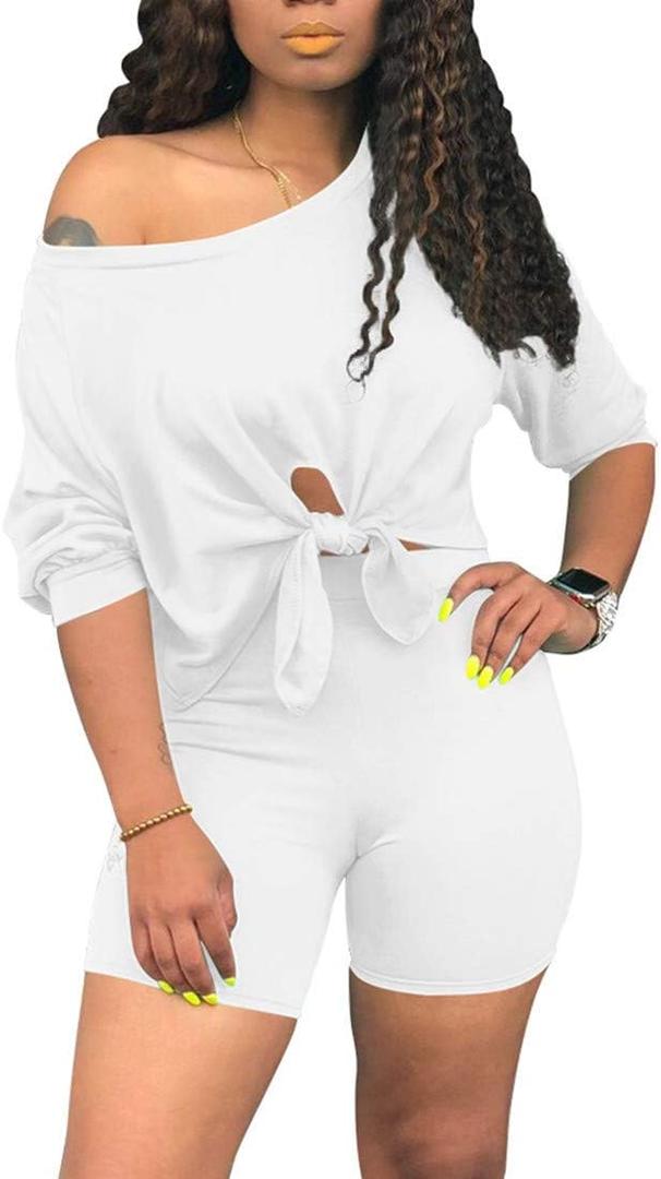 cailami Women's Sexy Summer 2 Piece Outfits Off Shoulder Tie Up Top Biker Shorts Set Tracksuit (Large, White)