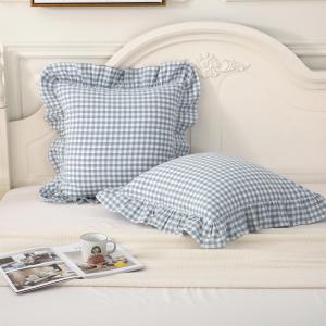 Silnuo Light Blue Plaid Ruffle Throw Pillow Covers Set of 2,Washed Cotton Shabby Checkered Gingham Pillow Shams Decorative Shams 24"x24" for Sofa,Couch,Liviing Room