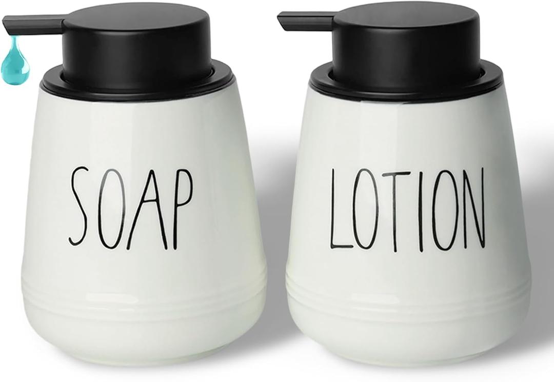 Ceramic Soap Dispenser Set, 13 oz Refillable Liquid Hand Wash Soap Dispenser, Lotion Hand Pump Dish Bottle for Bathroom and Kitchen, Set of 2 (Liquid-Soap & Lotion)