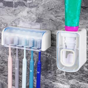 5 Slots Wall Mount Toothbrush Holder with Cover, Self Adhesive Toothbrush Storage Organizer for Shower, Toothbrush Hanger with Automatic Toothpaste Squeezer Dispenser (White + Blue)