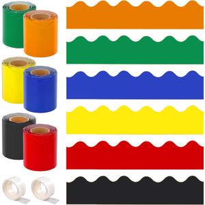‌OWLKELA 6 Rolls 196.8Ft Colorful Bulletin Board Borders, Humidity Resistant Bulletin Board Trim with Adhesive, for School, Home, Office and Party Decorations