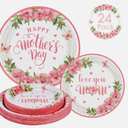 24 Pcs Happy Mother's Day Plates Set - Pink Love You Mom Paper Plate, Disposable