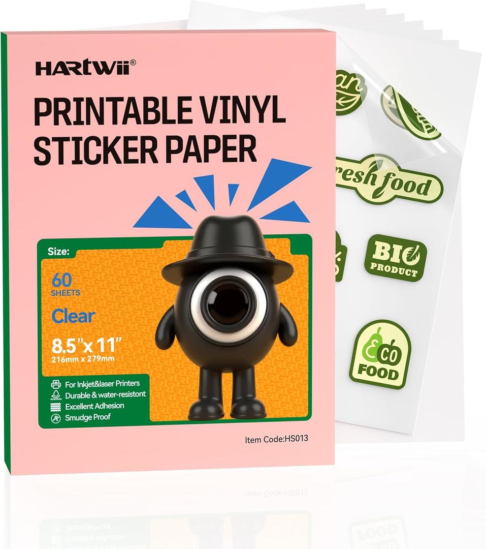 100% Clear Vinyl Sticker Paper 60 Pack, 8.5x11 Inches Transparent Printable Sticker Sheets for Inkjet Printer, Quick Drying, Vivid Colors, Tear Resistant Ideal for Crafts & Cutting Machines