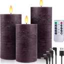 3 Pack Rechargeable LED Candles with 10-Key Remote Control, Waterproof Rechargeable Candles, Flameless Real Wax Flickering Wick, Yellow Light Pillar Candles with Timer Function - Dark Purple