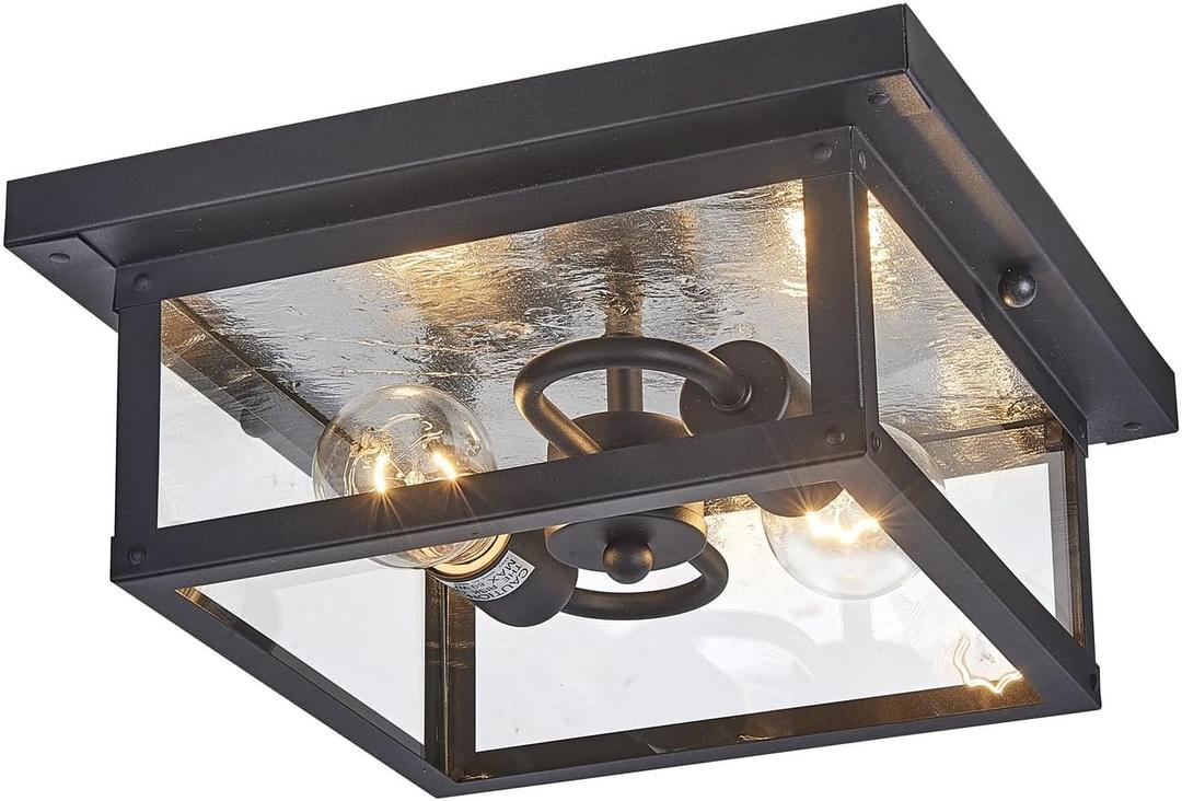 11.5in Outdoor Ceiling Light Fixture, Square Flush Mount Porch Lights, 2-Light, E26-based, Clear Tempered Glass Lampshade, Exterior Damproof Lamp for Hallway, Kitchen, Entryway, Foyer