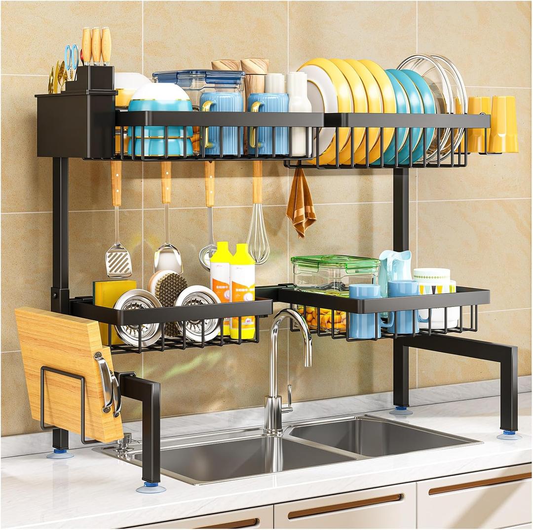2 Tiers 4 Baskets (one More Than Others) Over The Sink Dish Drying Rack,fits All Sinks (from 24.8" to 35.4"),2-Tier Adjustable Sink Rack,Dishes Rack Kitchen Storage Organizer Space Saving