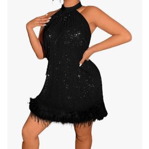 Women's short sleeve dress Neck Hem Dress (L, Black)