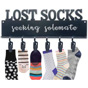 Lost Socks Laundry Sign, Farmhouse Laundry Room Decor and Accessories, Metal Laundry Room Organization with 6 Clips, Lost Sock Sign Wall Decor,13.44.5 inches, Black